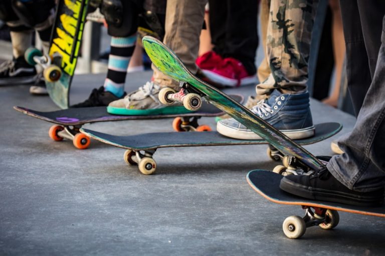 A skateboarder in action at Venice Beach Skate Park in Los Angeles, California, USA
